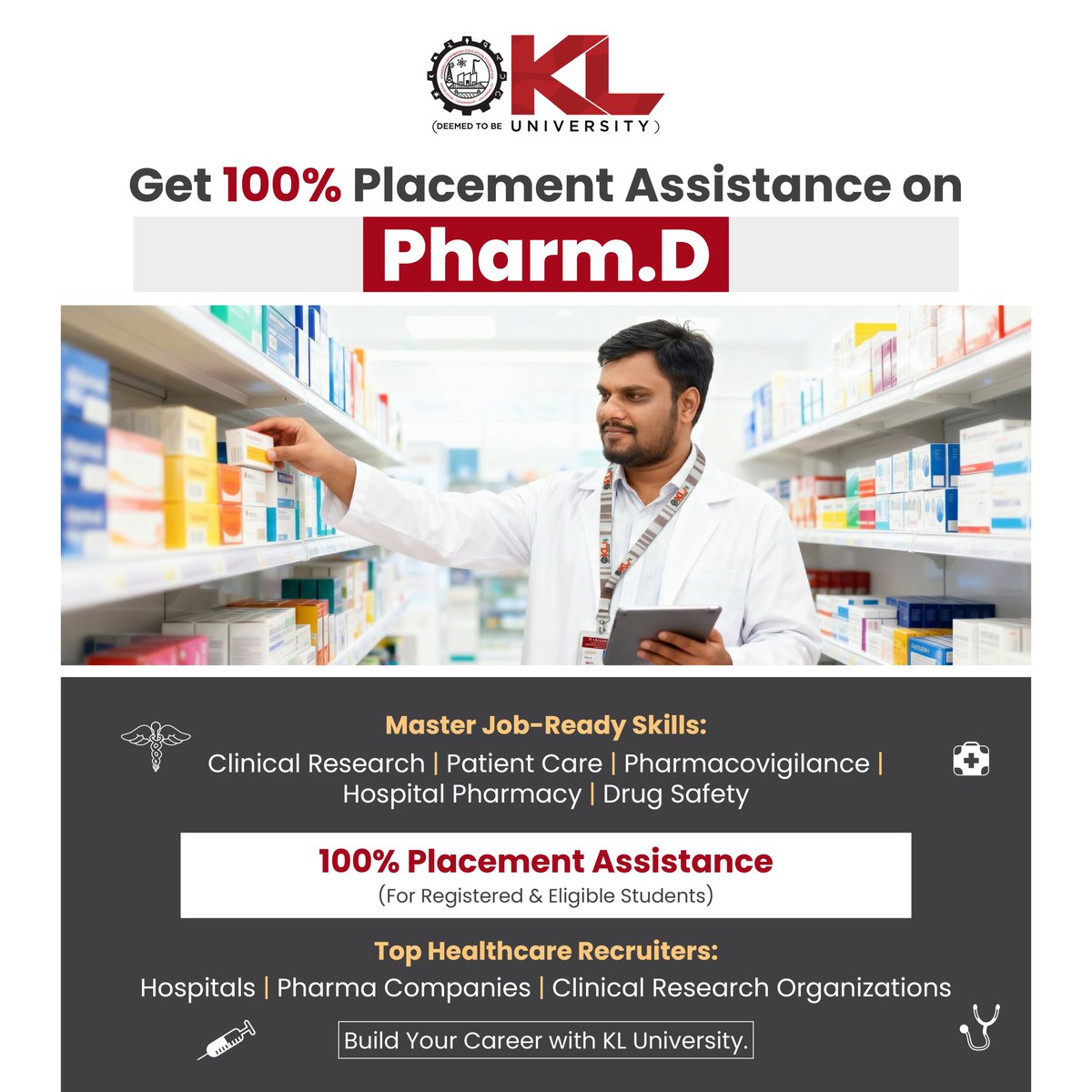 kluniversity's tweet image. Launch your healthcare career with Pharm.D at KL University—gain expertise in clinical research, patient care, and drug safety with strong industry exposure.

🎓 Admissions Open | 2026–27
🔗 kluniversity.in/admissions/

#PharmD #KLU #PharmacyCareers #ClinicalResearch #DrugSafety