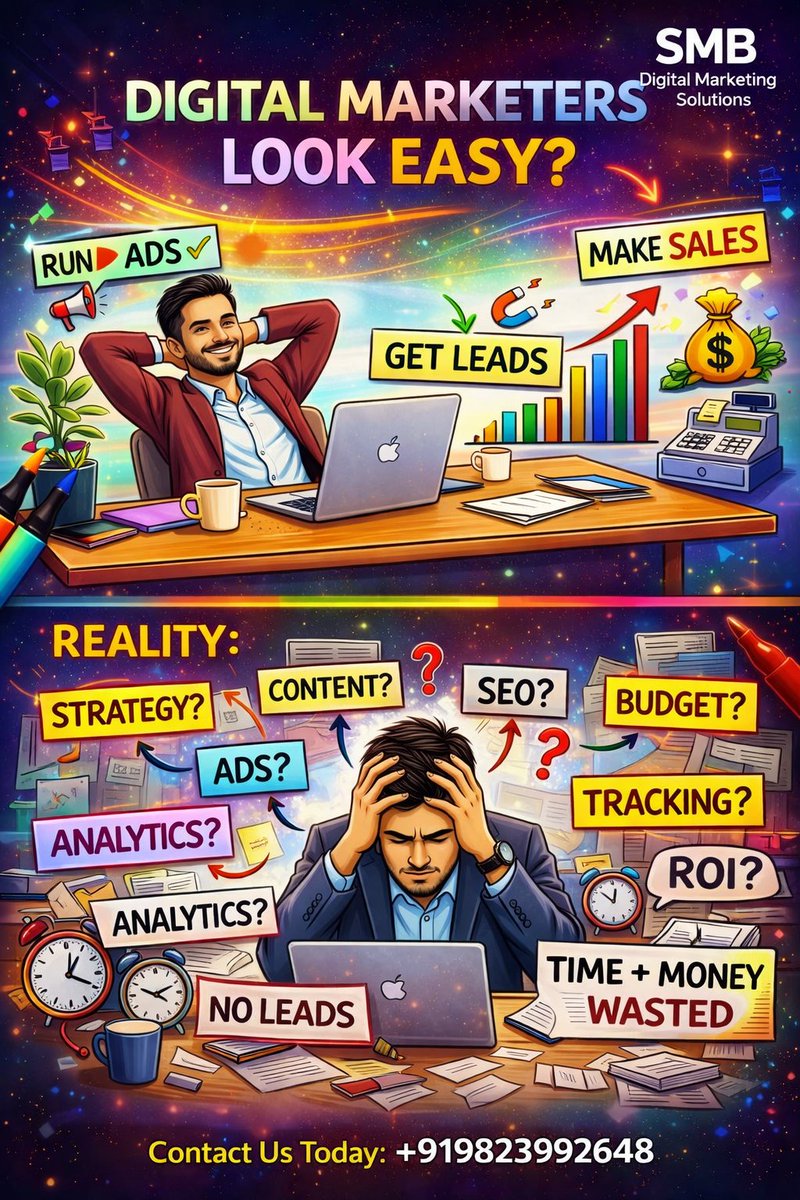 aliasgar_babat's tweet image. SMB Digital Marketing Solutions
Digital Marketing looks easy:

Run ads → Get leads → Sales 💰

Reality:
Strategy ❓
SEO ❓
Analytics ❓
Budget ❓
Tracking ❓
ROI ❓
💡 It’s not easy—it’s strategic.
📞 +91 9823992648
#DigitalMarketing #MarketingTruth #BusinessGrowth