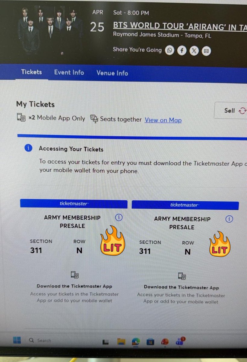 wts 2 Tampa d1 tickets!

section 311, row N 

$135 each / $260 both (willing to negotiate!) 

got better seats to sit with friends~

#bts #BTS_ARİRANG #BTSTOUR2026 #BTSTAMPA #wtsbts