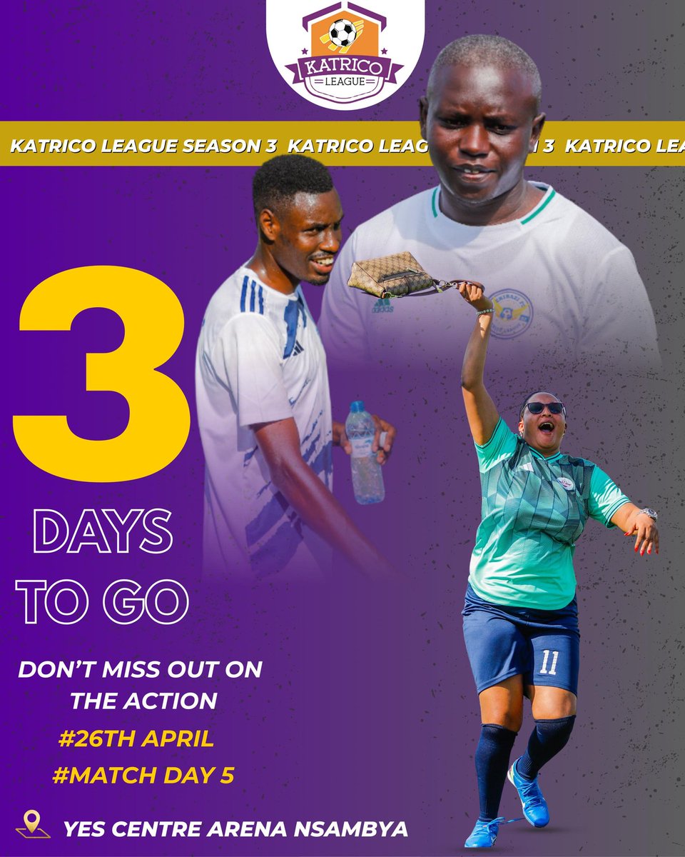 Katricoleague23's tweet photo. The Count down is still on
3 days left 2 the Katrico League Season 3, Match Day 5 ,this very Sunday 26th April at YES Center Arena Nsambya.
Bring family, friends & Vibe. Don’t miss action.
#ShanaBagwange
#KatricoLeagueSn3 #MatchDay5 #YesCenterArenaNsambya https://t.co/79sETSNEhu