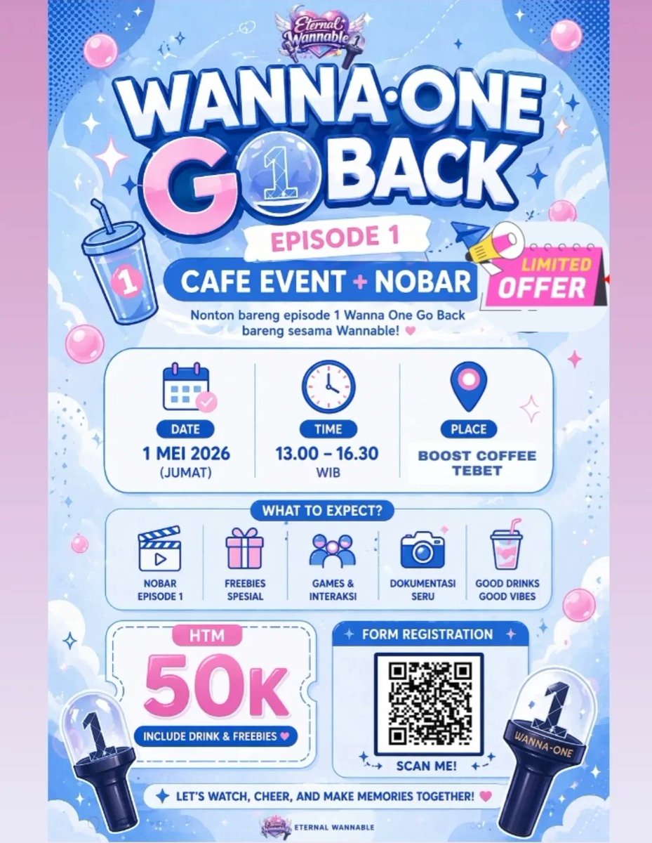 official_hanlin's tweet photo. WANNABLES, ARE YOU READY? 💙✨

Cafe Event &amp; Nobar “Wanna One Go Back: Episode 1 ! 🥹

📅 1 Mei 2026
⏰ 13.00 – 16.30 WIB
📍 Lokasi: Boost Cafe Tebet
💰 HTM: 50K (include drink + freebies)

Siapin diri kalian buat:
🎥 Nobar bareng
🎮 Games seru
🎁 Doorprize &amp; freebies gemas!
-con https://t.co/1x4ko16xw7