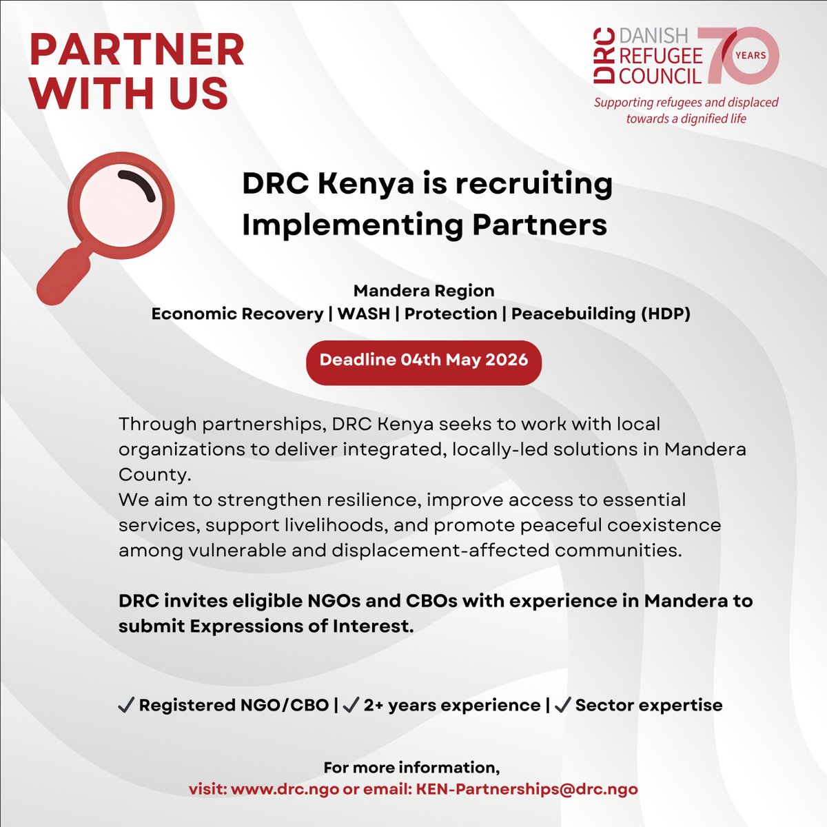 drckenya's tweet photo. DRC Kenya is inviting NGOs &amp; CBOs to partner in Mandera on Economic Recovery, WASH, Protection &amp; Peacebuilding (HDP).

📍 Mandera
🗓 Deadline: 4 May 2026
Apply 👇
 https://t.co/Ugy838nhR1

#DRCKenya #Partnerships #Localization https://t.co/CunmJHZ3Wf