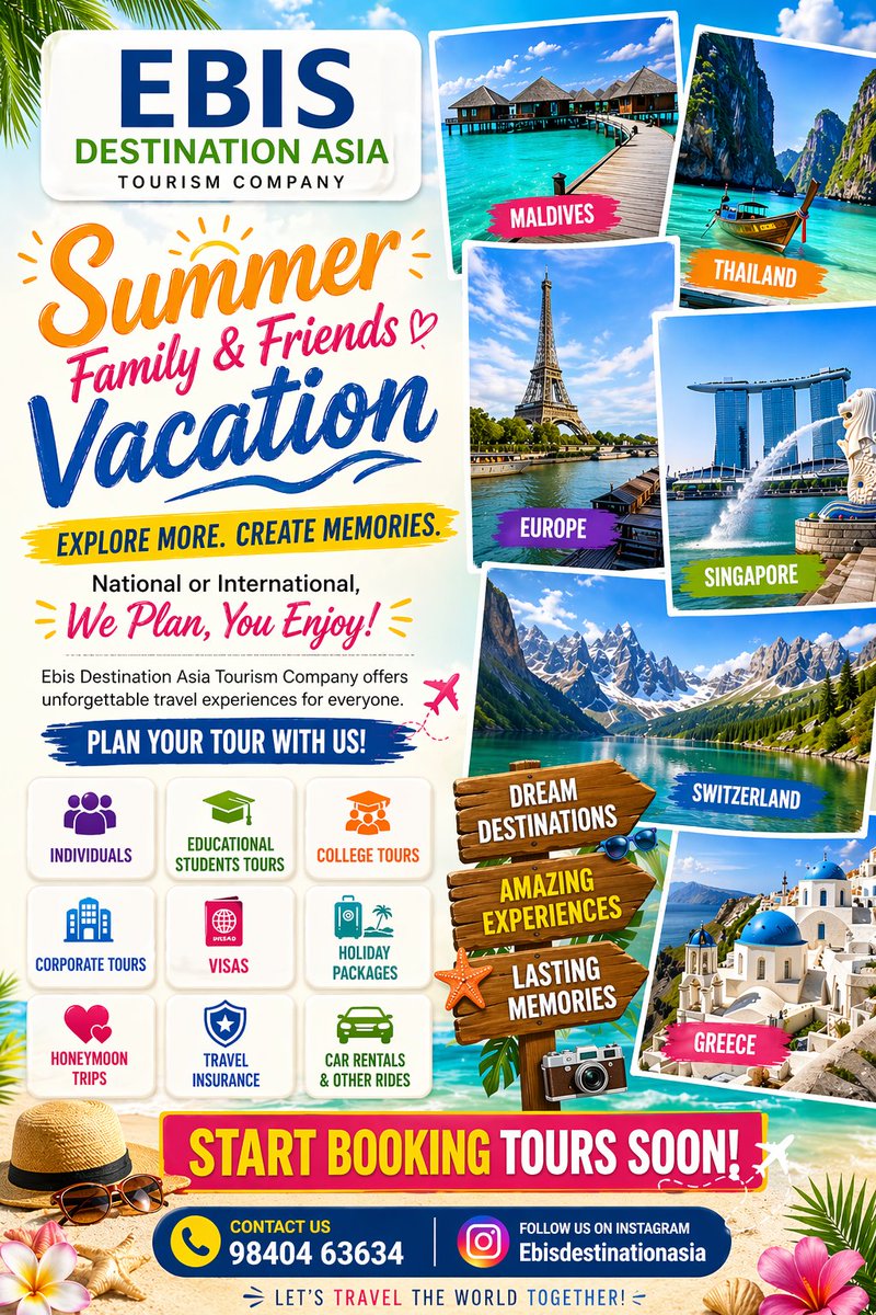 GardiarGringson's tweet image. ✨ Individuals | Student Tours | College Tours
✨ Corporate Trips | Honeymoon Packages
✨ Visas | Travel Insurance | Car Rentals

📞 Start your journey today! Call: 98404 63634
📲 Follow us: @Ebisdestinationasia

#EbisDestinationAsia #SummerVacation #TravelWithFriends