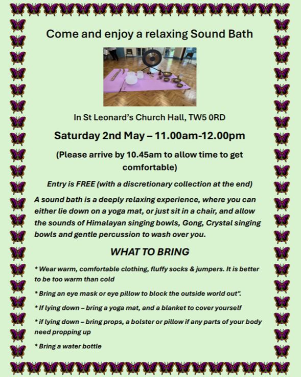 parishofheston's tweet image. 🧘‍♀️ Sound Bath
Saturday 2nd May, 11:00am–12:00pm in the Parish Hall.
A calm, one-hour session with singing bowls, gong &amp;amp; gentle percussion.
Free entry (with a discretionary collection at the end).
Bring something comfy and relax.
#soundbath #wellbeing #mindfulness #relaxation