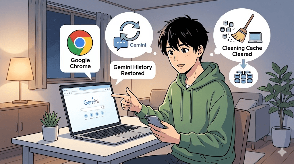 fujiya_xyz's tweet image. パソコン版のGoogle Geminiでチャット履歴が消えてしまう現象に遭遇💻

大体ページ更新で直るけど、今回はChromeのキャッシュ削除で無事にこれまでの記録が回復。同じような状況で困っている誰かに届き、大切な履歴が再び静かに灯りますよう💡
 #Chrome #不具合解消 #備忘録