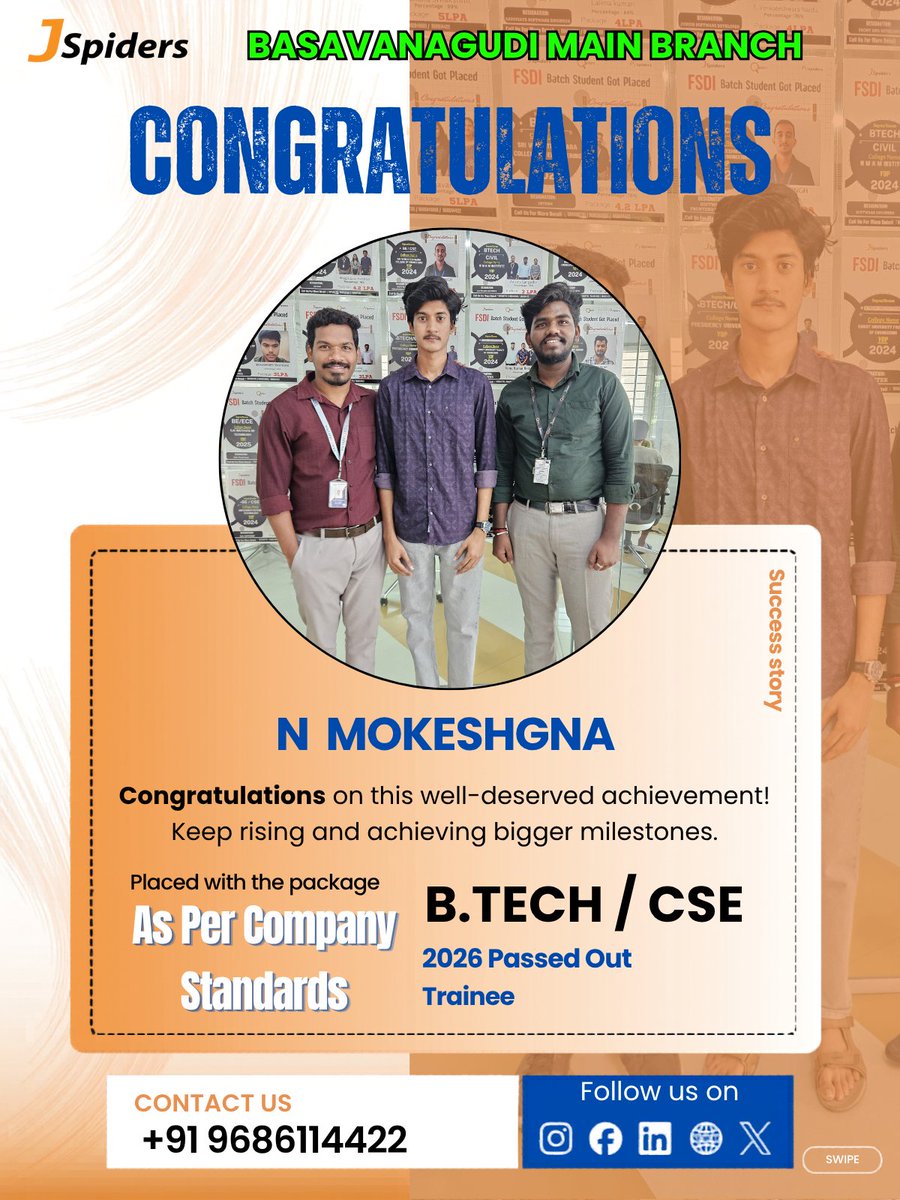 JBasavanagudi's tweet image. 📷Congratulations N Mokeshgna on getting placed at JSPIDERS Basavanagudi! This is a fantastic achievement. Best of luck in your new role! 📷
#jspiders #Congratulations #NewJob #SuccessStory #JavaStack #FullStackJava #JavaDevelopment #JavaCoding #jobplacement