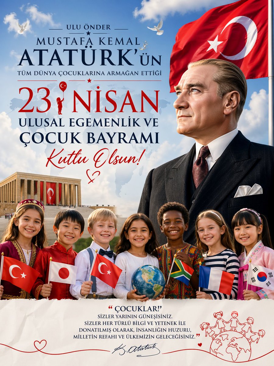 Ulu Önder Mustafa Kemal Atatürk 'ün tüm dünya çocuklarına armağan ettiği 23 Nisan Ulusal Egemenlik ve Çocuk Bayramı Kutlu Olsun 🇹🇷🇹🇷🇹🇷