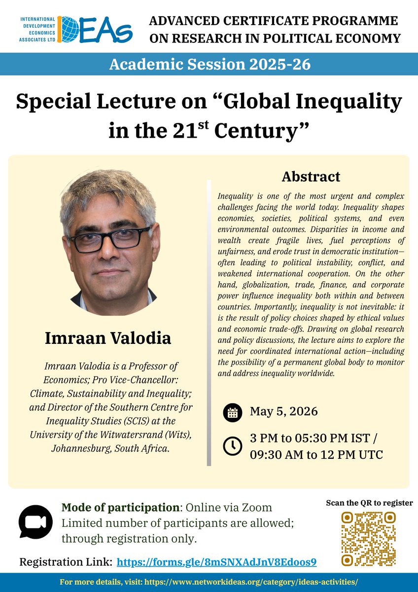 DevEconNetwork's tweet photo. 📺Special lecture via Zoom
📚Topic: Global inequality in 21st century
🗓️Date: 5 May
⏰Time: 9:30 AM – 12:00 PM UTC
👨‍🏫Lecturer: @iValodia from @WitsUniversity 
✍️Sign-up: https://t.co/jd0rZoUzJd https://t.co/nMUAvrAMYw