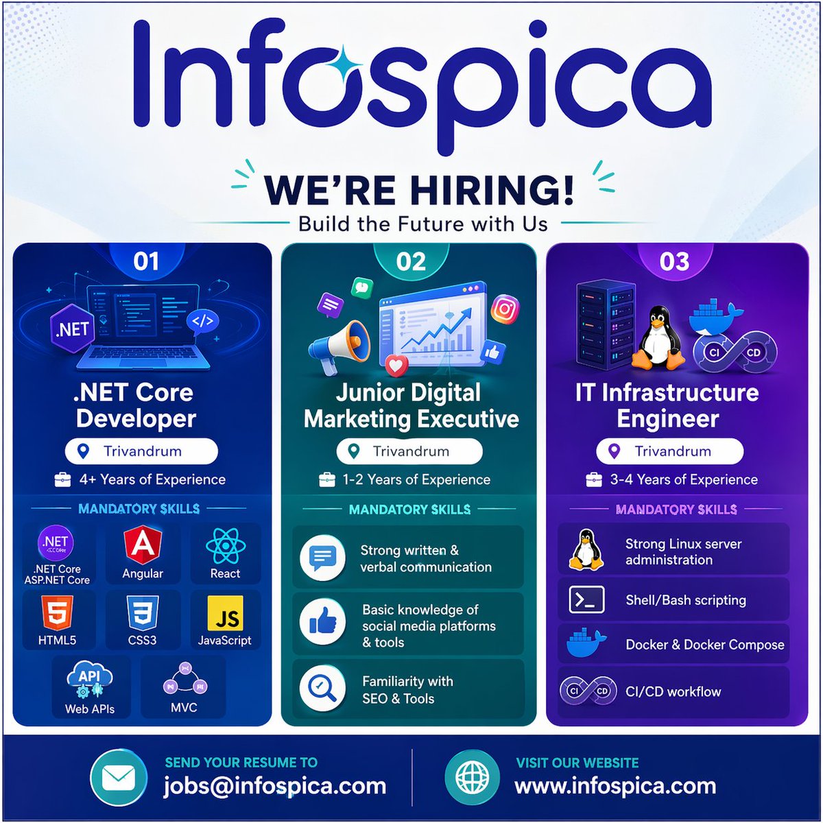 saji_infospica's tweet image. #We are looking for skillful professionals to join our team!! @infospica

#HiringNow #JobAlert #WeAreHiring #TechJobs #RemoteJobs #JoinOurTeam #CareerOpportunity #ImmediateHiring #JobSearch #SoftwareJobs #WorkFromHome

infospica.com/careers

Send resume to: jobs@infospica.com