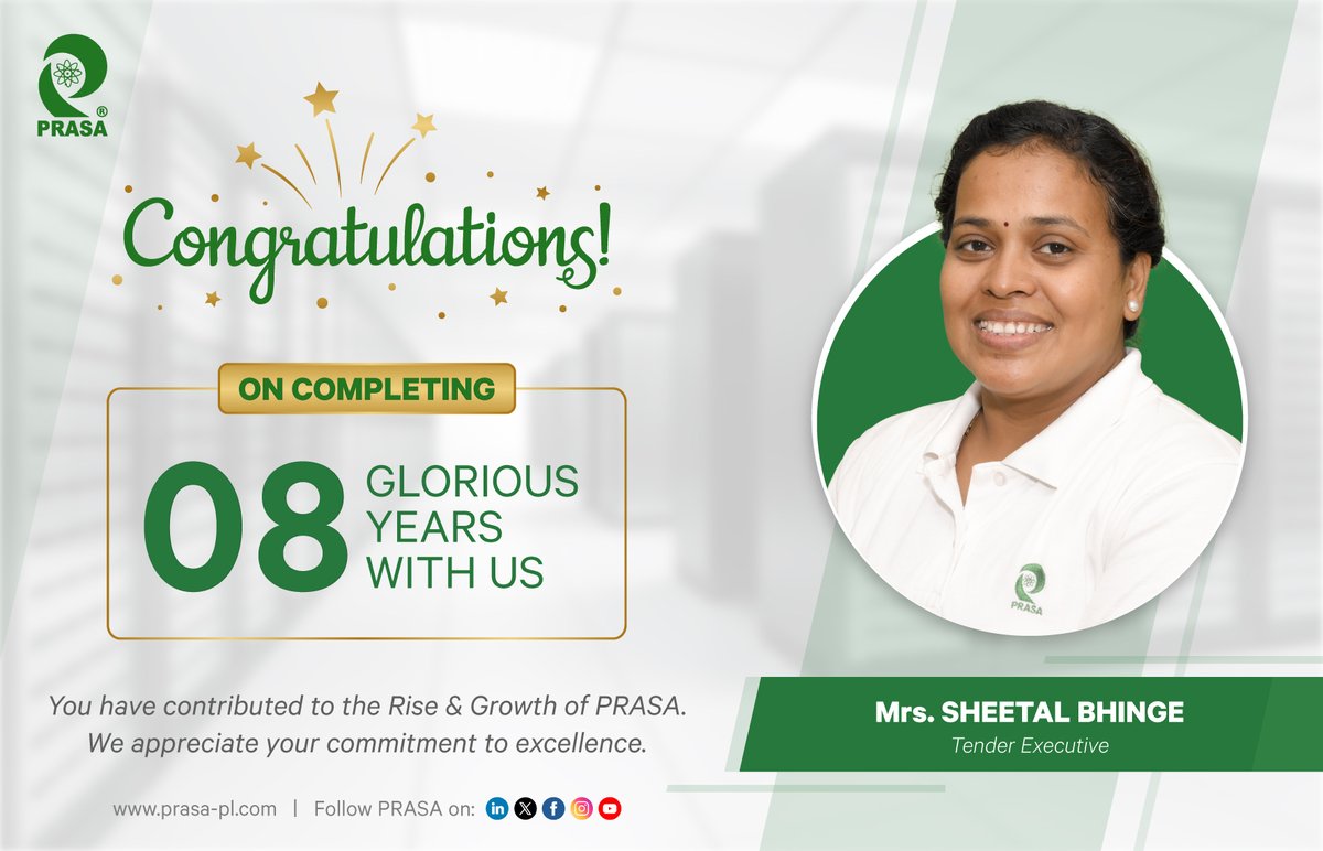 prasainfocom's tweet image. 8 years of precision and #excellence! 

Huge congrats to Mrs. Sheetal Bhinge, our Tender Executive (Pre-sales) in Pune, on her 8th anniversary at PRASA. 

#PRASA #WorkAnniversary