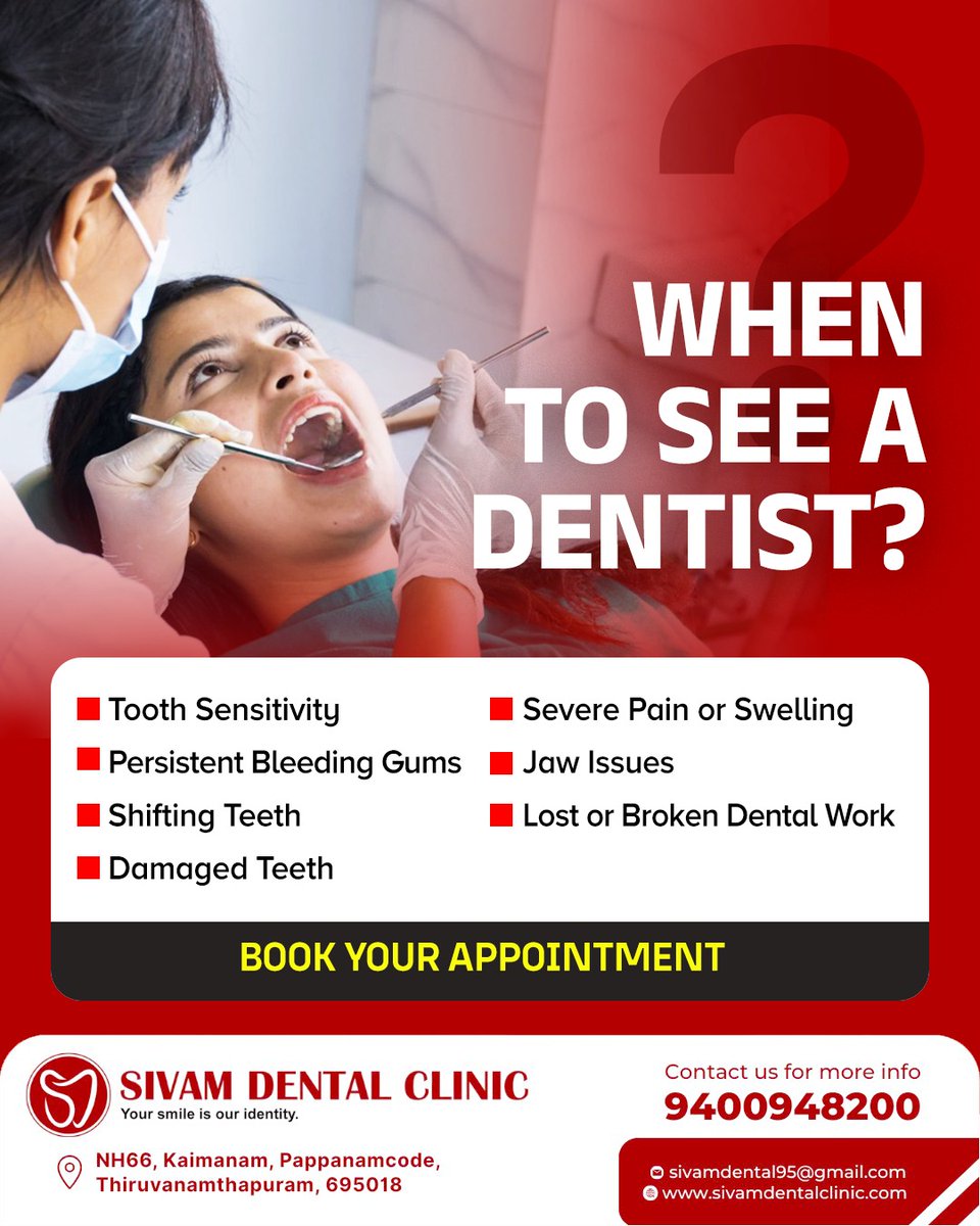 SivamDental's tweet image. Ignoring tooth pain? Bad move.

Sensitivity, bleeding gums, swelling are warning signs.

Delay = more pain + higher cost.

📍 Sivam Dental Clinic, Trivandrum
📞 9400948200

#DentalCare #ToothPain #DentistNearMe