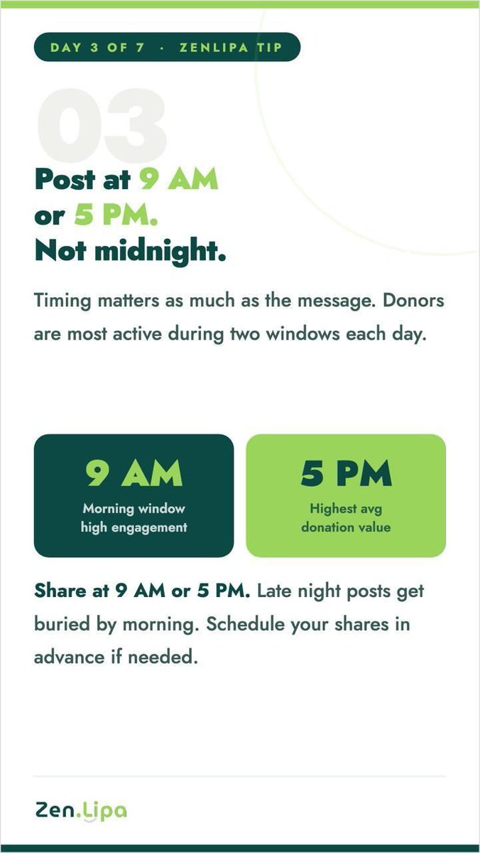 zenlipaltd's tweet photo. Most people post their fundraiser at 11 PM.
Their donors are asleep.
Post at 9 AM or 5 PM. Those are the two windows where donors on Zenlipa give the most.
Same message. Right time. Bigger result. ๐
https://t.co/T8CDsmNz2E
#Zenlipa #Fundraising #Kenya #BeMoreZen https://t.co/LvVpgAdTaU
