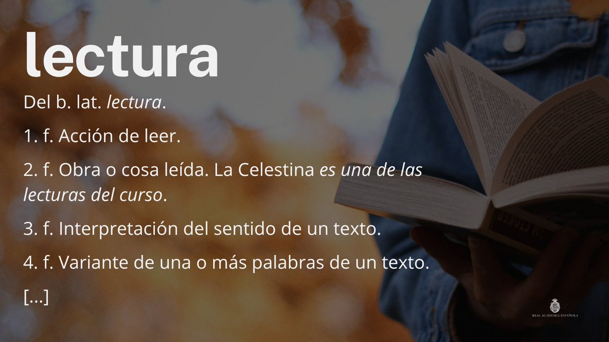 RAEinforma's tweet photo. #PalabraDelDía | lectura

En este #DíaDelLibro, les invitamos a consultar distintos recursos de lectura de la RAE:

• obras literarias e históricas: https://t.co/xVdGmtq7rV
• obras lingüísticas: https://t.co/nzQslfA9rW
• Biblioteca Clásica de la RAE: https://t.co/G5Wh4OS3nE https://t.co/CpRTCCEC0s