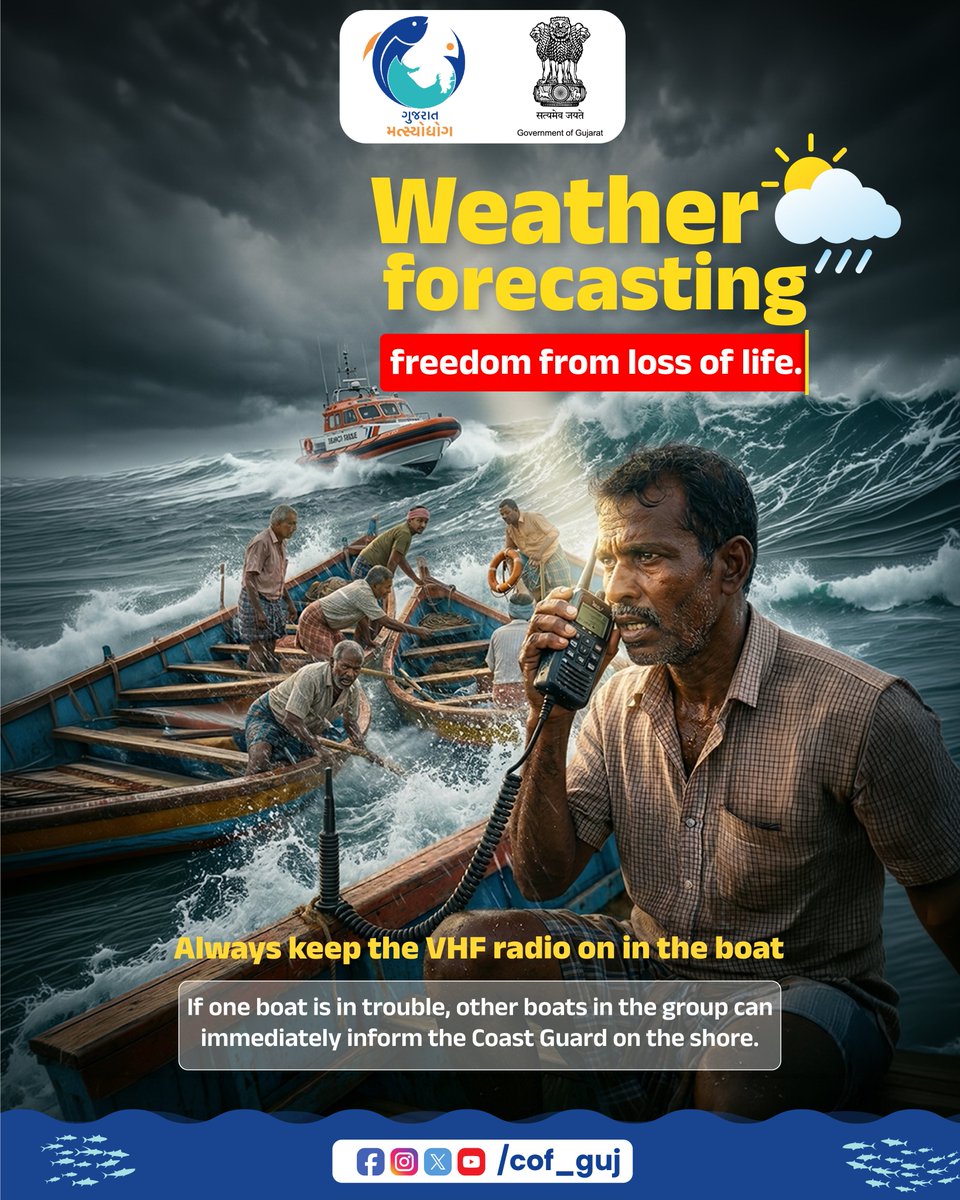 CoF_Gujarat's tweet image. Weather awareness can save lives 🌦️⚓ Always keep your VHF radio on so nearby boats can alert the Coast Guard quickly during emergencies.
.
.
.
#FishermenSafety #MarineSafety #WeatherAwareness #StayConnected