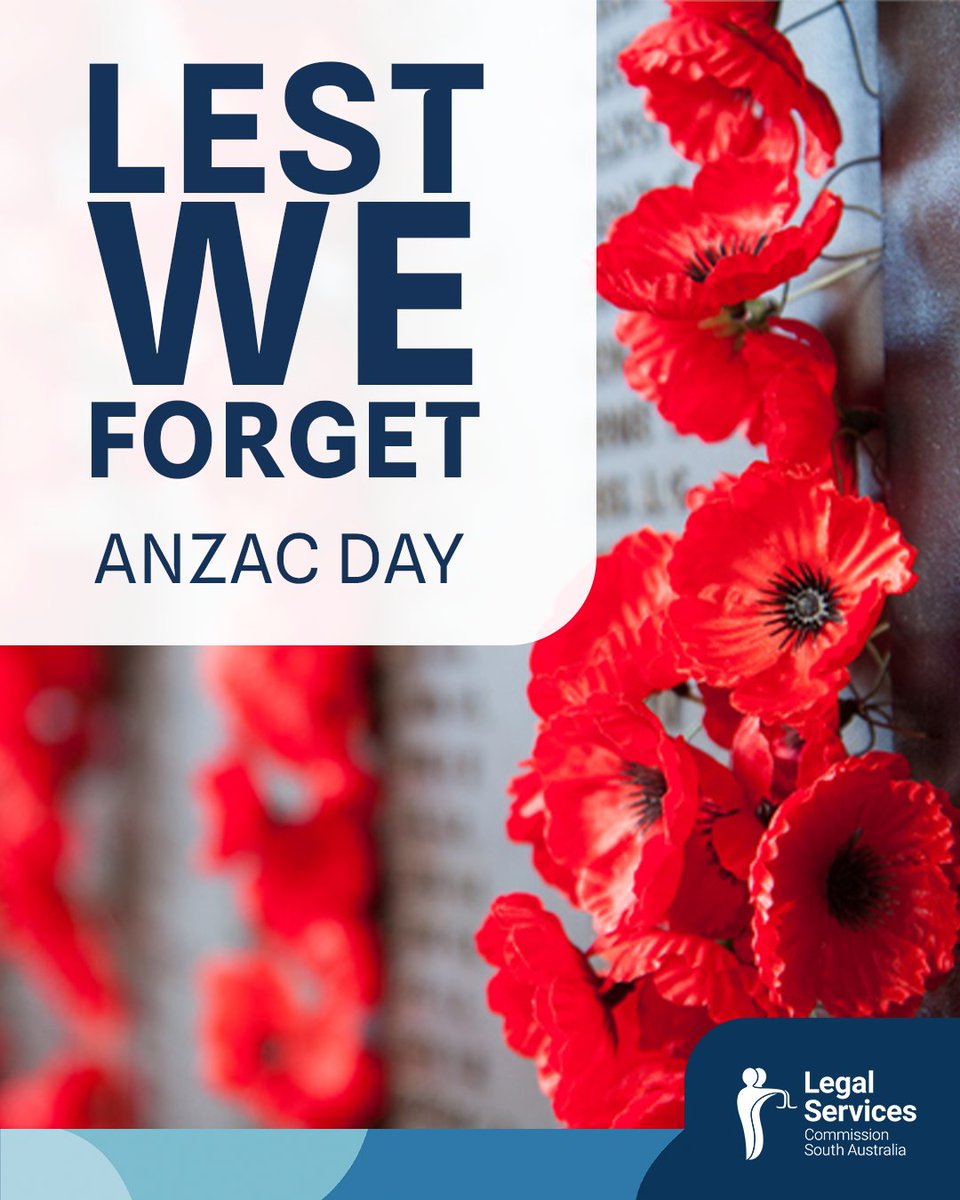 LegalAidSA's tweet photo. This Saturday, the nation pauses to recognise ANZAC Day and those who have lived and died in service.

We provide free legal information and advice to all South Australians, including veterans, ADF members and their family. Call 1300 366 424 Monday to Friday 9:00am to 4:30pm. https://t.co/cMRKoPx47v