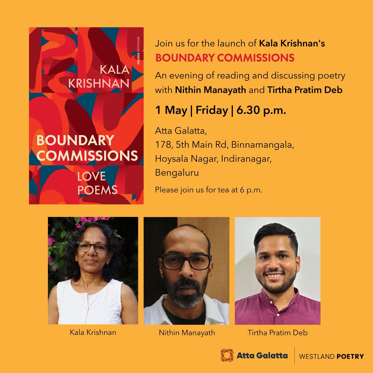 WestlandBooks's tweet image. Readers in #Bangalore !

Join us for an evening of poetry as we launch Kala Krishna’s Boundary Commissions. 

Happening on 1 May (Friday) at @AttaGalatta. RSVP here: forms.gle/dt63apsSd5sWzn…