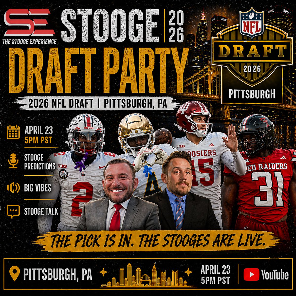 TheStoogeExp's tweet photo. 🚨 THE PICK IS IN. THE STOOGES ARE LIVE. 🚨

The event you didn’t know you needed… but now you can’t miss.
We’re less than 24 hours away from the NFL Draft — the one night every fan convinces themselves this is our year.
👇 See you in the chat 👇
YouTube: https://t.co/sZ6XFXEy3d https://t.co/dfTSrYEyFx
