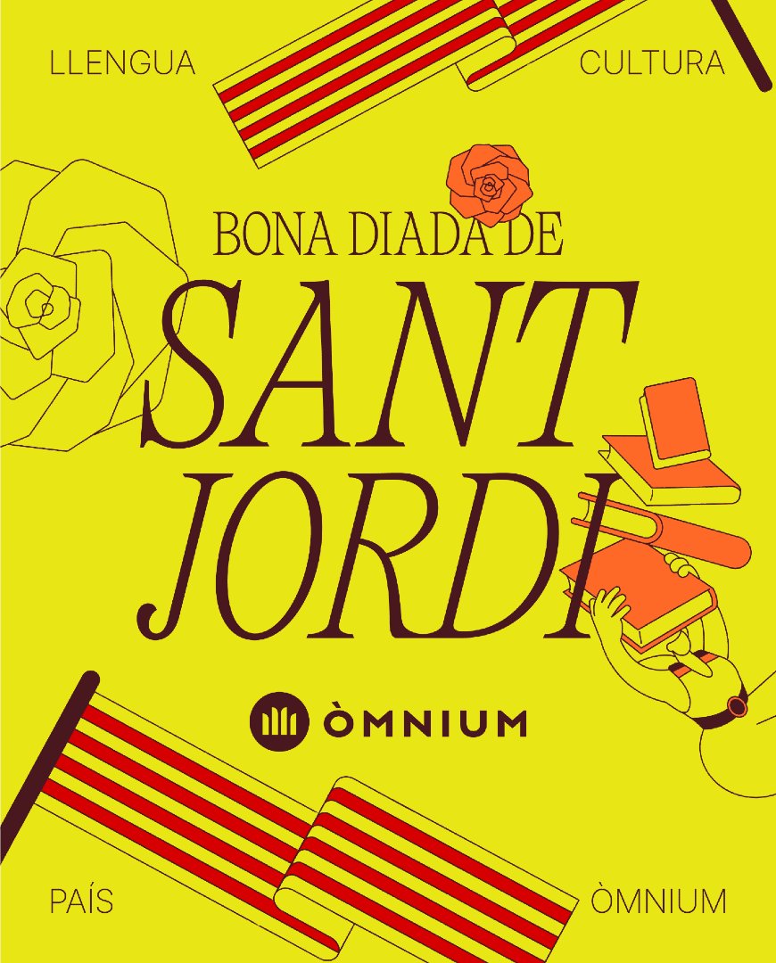 omnium's tweet photo. Aquest Sant Jordi, més llengua, més cultura i més país que mai.

Per l’escola en català, irrenunciable; per la literatura i la cultura catalana, que cohesiona i crea referents compartits; i per una llengua viva que uneix els Països Catalans. 🧡 https://t.co/kzaEKzJhKt
