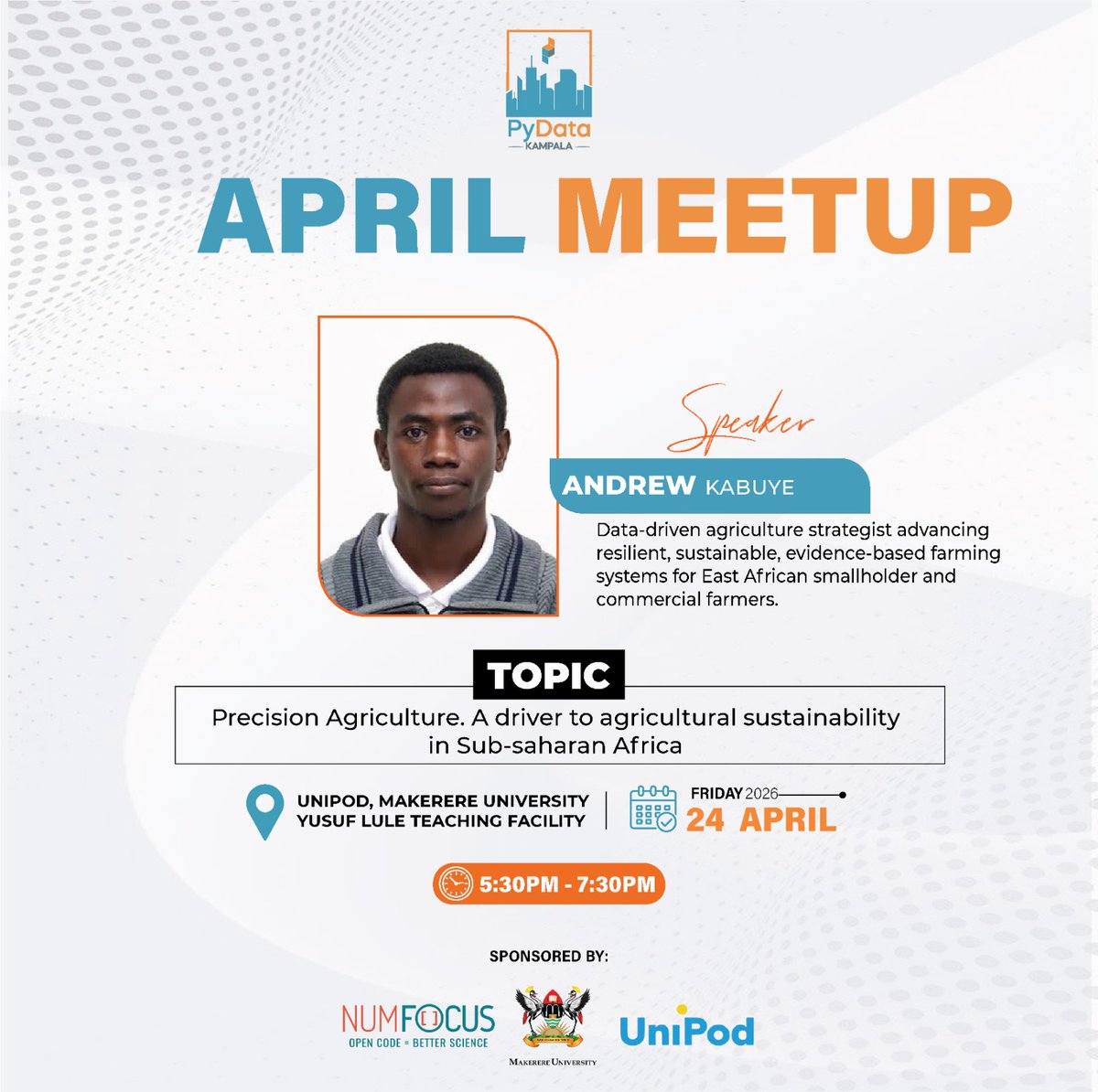 PydataKampala's tweet photo. #PyDataKampala Meetup
Precision Agriculture and Agricultural Sustainability.
Happening thidbls Friday at @MakUnipod. https://t.co/3eGbmN7eGv