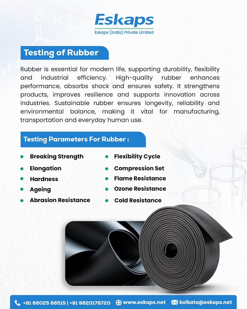 eskapsindia's tweet image. Ensure durability and flexibility with Eskaps India's Rubber Testing! Advanced analysis of strength, hardness and ageing ensures quality, safety and long-lasting performance. Contact @eskapsindia  today!

#RubberTesting #MaterialTesting #QualityAssurance #IndustrialTesting