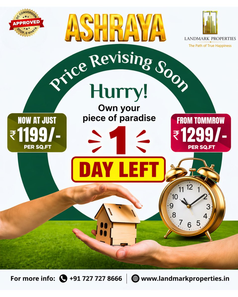 landmark_2025's tweet image. Your dream plot at Ashraya by Landmark Properties is just one step away! 🏡✨

💚 Secure your piece of paradise today
⏳ Time is ticking — act now!

📞 Call now: +91 727 727 8666
🌐 landmarkproperties.in

#Ashraya #LandInvestment #RealEstateIndia #PlotForSale