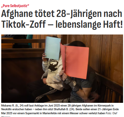 Taykra's tweet image. #Berlin-Neukölln: Richter: „Das ist pure Selbstjustiz.“ Nach gegenseitigen Beleidigungen suchte Mobarez R. (24) seinen Kontrahenten im Körnerpark auf u zog ein Messer. Das Opfer rannte davon, stolperte. Der Afghane stach mehrfach auf seinen Landsmann ein. bz-berlin.de/polizei/afghan…