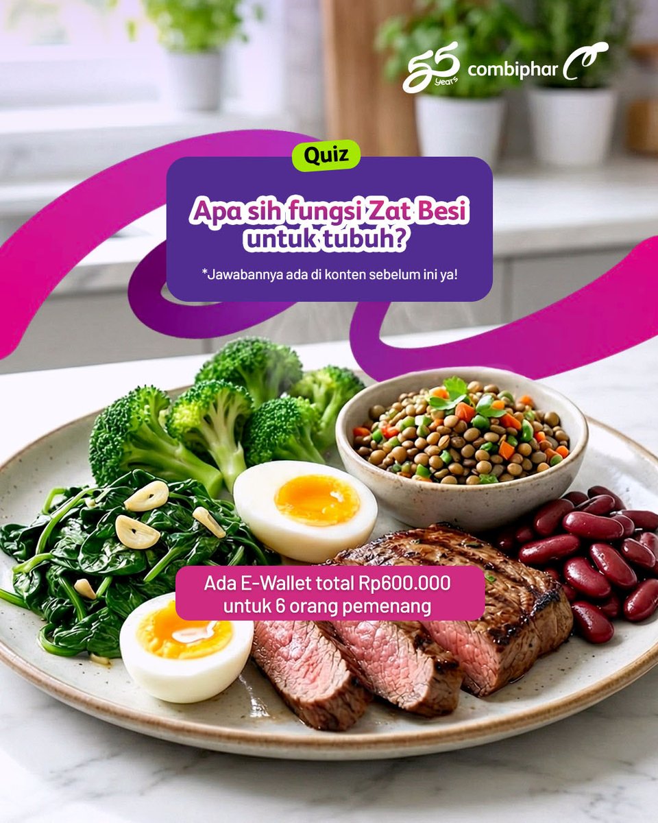 Zat Besi! Banyak yang kadang terlewat dan tidak mengetahui apa sih fungsi dari Zat Besi. Kalau kamu tau gak Healthy People? Ada uang jajan E-Wallet Rp600.000 untuk 6 orang dengan jawaban terbaik lho Healthy People!

Cara ikutannya kamu cukup:
1. Follow Instagram @Combiphar,