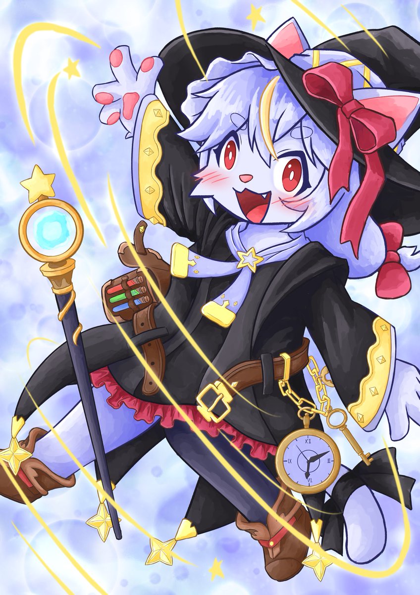 魔法使いの猫ちゃんを描きました！
デザイン考えながら描いてたら割といつもより描き込み多めになりました