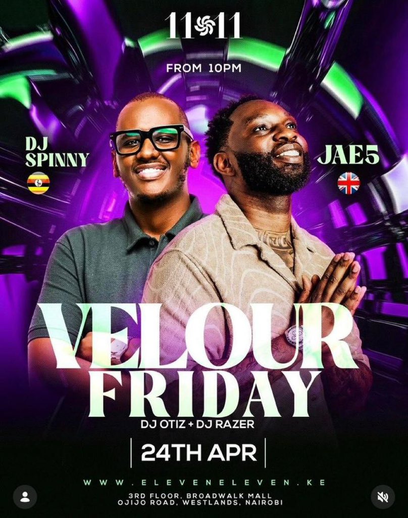 Happening tomorrow 🔥🔥🔥
Velour Friday🔥🔥🔥

What do you mean <a href="/djspinnyug/">DJ SPINNY 🇺🇬</a> &amp; <a href="/JAE5_/">Jae5</a> in the same location 🔥🔥