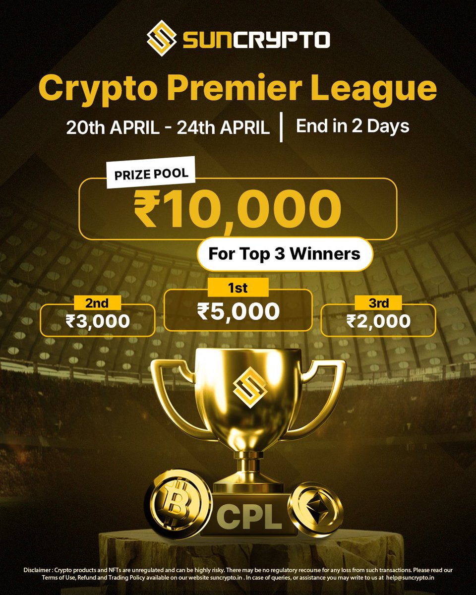suncryptoin's tweet image. Just 2 Days Left of This Week's Crypto Premier League.

Don't miss your chance keep trading, Keep climbing🔥

#suncrypto #cryptotrading #cryptopremierleague