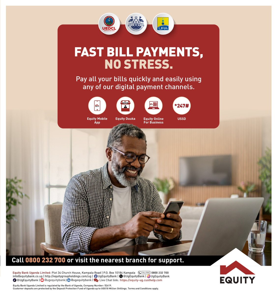 UgEquityBank's tweet image. Bills don’t have to be a headache.

With Equity Bank, you can pay your bills quickly and securely using the Equity Mobile App, Equity Duuka, Equity Online for Business, or simply dial *247#.

For support, call 0800 232 700 (toll free).

#EquityBankUganda