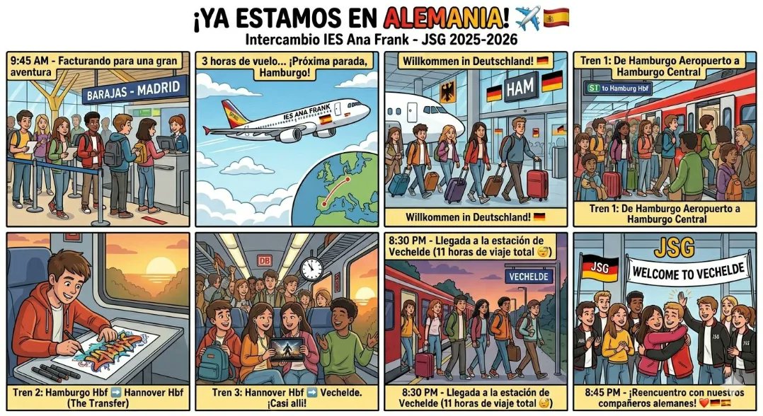 iesanafrank's tweet image. ✈️🇩🇪 ¡Ya estamos en Alemania!

Los alumnos del #IESAnaFrank ya disfrutan del intercambio en Vechelde: reencuentros emocionantes 🤝, tour por el instituto y actividades de team building 💪
Esto no ha hecho más que empezar… ¡seguimos sumando experiencias! ✨
 #STEM #bilingüismo