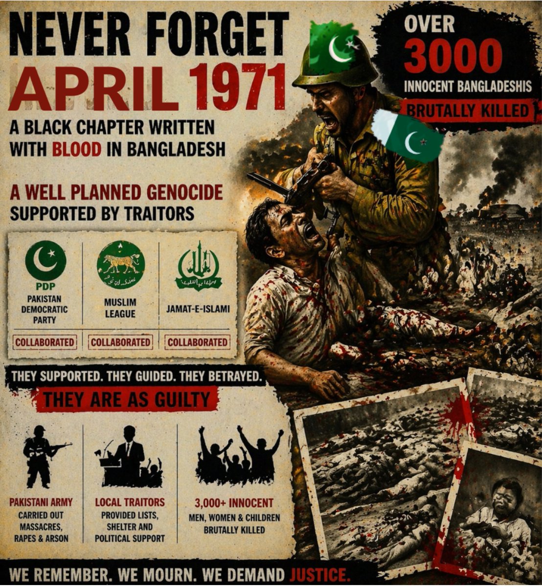 Justice delayed is justice denied. 

3000 #Bangladeshis were slaughtered by the #PakistaniArmy and Razakars in Jathibhanga and their families still await justice. 

It’s time for the world to recognize this massacre.

#JathibhangaMassacre #PakAtrocities #1971Genocide 
#VoteForTVK