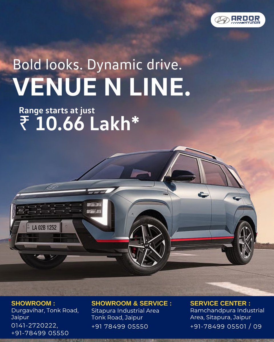 ArdorHyundai's tweet image. Turn every drive into a statement. 🔥
The Hyundai Venue N Line brings together bold design, sporty performance, and dynamic style like never before.

Starting at just ₹10.66 Lakh*

Request a Test drive now: bit.ly/ardortest

@hyundaiindia 

#Hyundai #VenueNLine #ARDOR