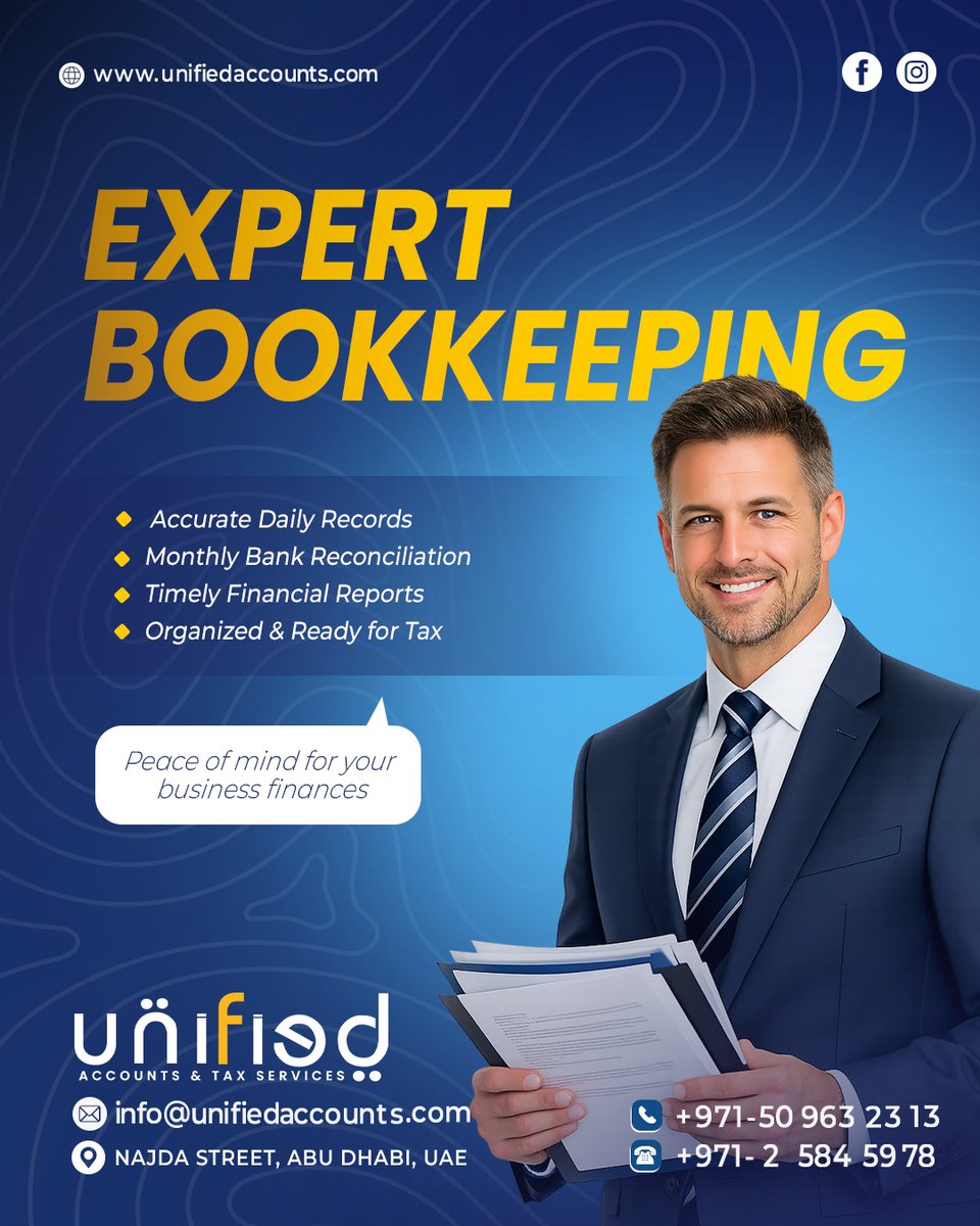 UnifiedAccounts's tweet image. Expert Bookkeeping for Your Business 📚

Stay organized with accurate records, bank reconciliation &amp;amp; timely reports.

 Stress-free finances start here!
📞 +971 50 963 2313
#Bookkeeping #Accounting #UAEbusiness #Finance