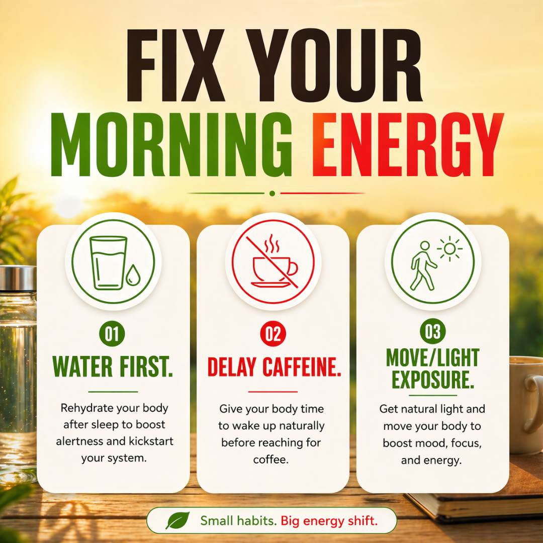 DSelfCareCoach's tweet image. Your energy dips by mid-morning for a reason.

It’s not random.

You likely started your day wrong.

Fix this tomorrow:
• Drink water first
• Delay caffeine 60mins
• Get sunlight early

Simple shifts. Big difference.

Which one will you try first?

#MorningRoutine
#EnergyBoost