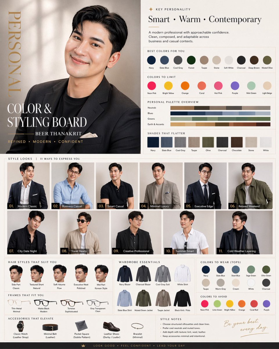 Boktorkhongdee1's tweet photo. *ลองให้ Chat GPT ทำ ”Personal Color Styling Board“ ดีเลยคับ เเนะนำสีที่เหมาะกับเรา ทรงผม การเเต่งตัว แบบครบจบให้เห็นภาพเลย แล้วสีที่เลือกมาให้ ก็ตรงกับที่ชอบใช้อยู่ปัจจุบันด้วย ถือว่าโอเคเลย ☺️♥️

#personalcolor

Cr. NattawutPuphet

ก๊อปตามนี้ไปลองทำได้เลยคับ ใน chat GPT 

สร้างภาพ “Personal Color & Styling Board” แบบพรีเมียมจากรูปอ้างอิงที่แนบมา โดยใช้บุคคลในภาพเป็นต้นแบบหลักของใบหน้าและบุคลิก แต่ให้ออกแบบภาพใหม่ทั้งหมดแบบ original ไม่ลอก ไม่ซ้ำ และไม่จัดองค์ประกอบเหมือนภาพตัวอย่างต้นฉบับ ให้เป็นเลย์เอาต์ใหม่สไตล์ magazine editorial infographic หรือ fashion consultant board ที่ดูหรู เรียบ สะอาด ทันสมัย และเป็นมืออาชีพ ภายในภาพเดียวให้มีภาพบุคคลลุคหลัก 1 ภาพ และลุคย่อยของคนเดียวกันอีก 8-12 ลุค โดยเปลี่ยนทรงผม สีเสื้อผ้า เสื้อสูท เสื้อเชิ้ต แจ็กเก็ต แว่นตา และเครื่องประดับให้หลากหลายแต่ยังเหมาะกับบุคลิกเดิม แสดงคำแนะนำเรื่องโทนสีที่เหมาะ โทนสีที่ควรหลีกเลี่ยง แนวทรงผมที่เหมาะ แนวแว่นที่เหมาะ แนวเสื้อผ้าที่เหมาะ และภาพรวม personal palette อย่างชัดเจน ให้มีตัวอย่างสีเสื้อที่เหมาะ 8-12 สี สีที่ควรเลี่ยง 4-8 สี ทรงผม 4-6 แบบ เช่น side part, textured short, soft volume, executive neat style และลุคการแต่งตัวหลายแนว เช่น smart casual, business casual, modern classic, minimal luxury, tailored clean look เสื้อผ้าแนะนำ เช่น navy blazer, charcoal blazer, cool gray suit, muted green jacket, taupe jacket, clean white shirt, slate blue shirt, layered smart casual outfit เครื่องประดับแนะนำ เช่น thin metal glasses, matte frame glasses, classic watch, minimal belt, subtle pocket square, simple leather shoes ให้ภาพสมจริง รายละเอียดคมชัด แสงสตูดิโอนุ่ม skin tone ดูเป็นธรรมชาติ พื้นหลังสะอาด มีพื้นที่วางข้อความแบบหรูอ่านง่าย และต้องระบุชัดว่า use the attached portrait as the identity reference only, create a completely new premium board design, do not copy the original sample layout, text placement, composition, color blocking, panel arrangement, or typography styl
