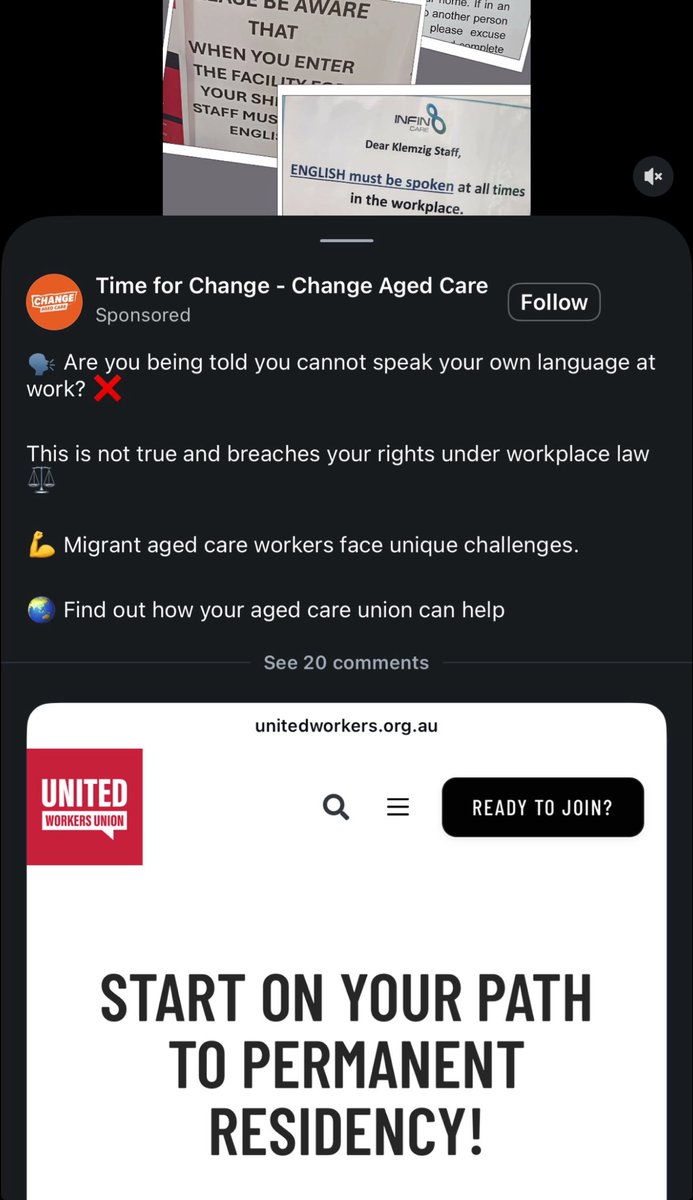 DrewPavlou's tweet photo. This Australian union advertisement appears to encourage non-English speaking migrant workers to sue aged care providers as a path to permanent residency and citizenship https://t.co/VUaBFhjonD