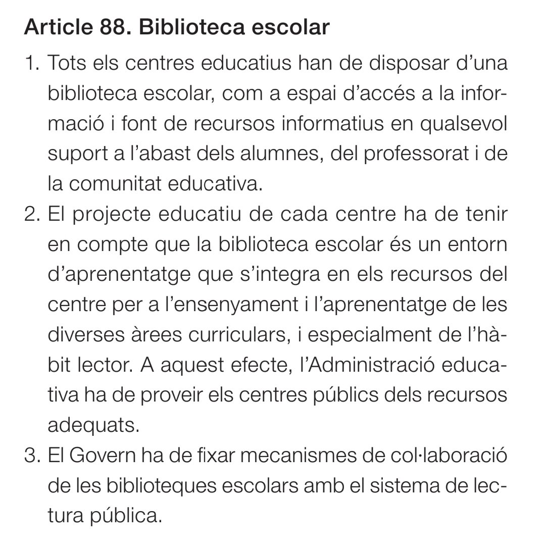 Una idea boja per potenciar la lectura: k us semblaria complir amb l'article 88 de la llei d'educació de Catalunya?
Més k res pq durant els últims 17 anys des del Departament d'Educació us l'heu passat pel forro! 
🤬🤬🤬