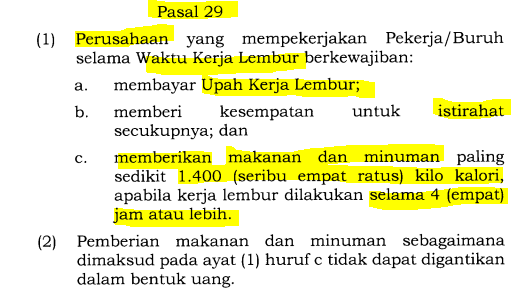 MenteriPekerja's tweet photo. sering ga tbtb atasan/kantor ngasi makanan waktu kita lagi lembur?

sebenernya itu tuh ada aturannya tau. Jadi kalo pekerja lembur selama 4 jam atau lebih perusahaan wajib sediain makanan dan minuman minimal 1.400 kalori 😇📸👀

Pasal 29 PP 35 tahun 2021 https://t.co/Jo0cXc1koV