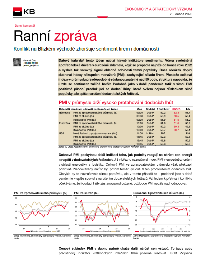 Konflikt💥 na Blízkém východě se začíná projevovat ve zhoršování sentiment indikátorů📉. Spotřebitelská důvěra v eurozóně 🇪🇺 klesla nejníže od konce roku 2022.Náladu firem dnes ukážou předběžné PMI za duben. Více v #KBranni👉bit.ly/4e3hrMX✍️<a href="/komercka/">Komerčka</a>.