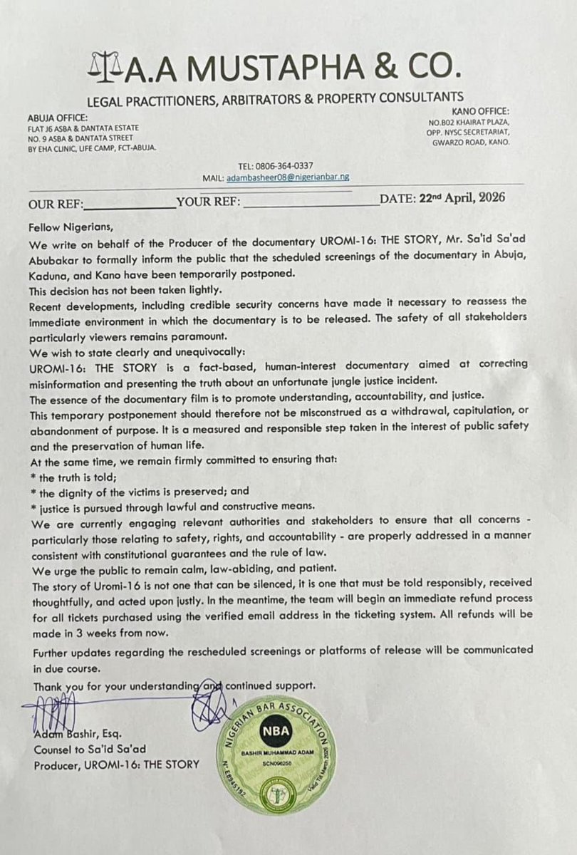 🚨UROMI-16 IS HALTED!

  I was looking forward to this very project by <a href="/saidsaadwrites/">Sa'id Sa'ad</a>, I wonder who are actually afraid of letting the unfiltered story to be out there. 

Nigeria, we need to start telling our stories.