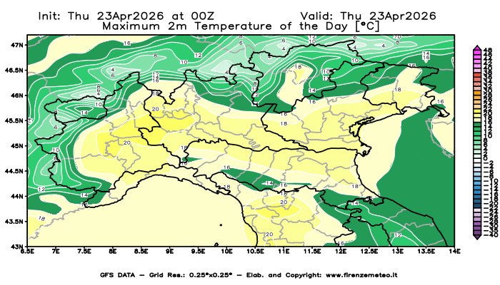 firenzemeteoit's tweet image. #Temperature #massime previste in Italia oggi (23/04/2026) dal global model GFS.
Link ITA: firenzemeteo.it/maps/gfs-tempe…
            
#Maximum #temperatures #forecast in Italy today (23/04/2026) by the GFS global model.
Link ENG: firenzemeteo.it/en/maps/gfs-ma…