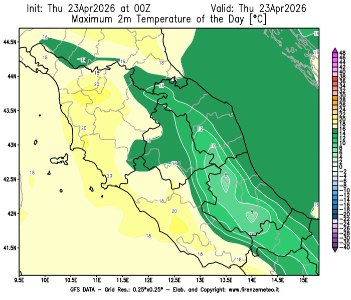 firenzemeteoit's tweet image. #Temperature #massime previste in Italia oggi (23/04/2026) dal global model GFS.
Link ITA: firenzemeteo.it/maps/gfs-tempe…
            
#Maximum #temperatures #forecast in Italy today (23/04/2026) by the GFS global model.
Link ENG: firenzemeteo.it/en/maps/gfs-ma…