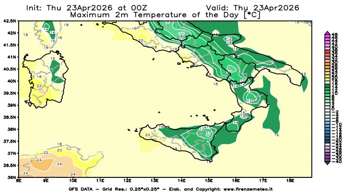 firenzemeteoit's tweet image. #Temperature #massime previste in Italia oggi (23/04/2026) dal global model GFS.
Link ITA: firenzemeteo.it/maps/gfs-tempe…
            
#Maximum #temperatures #forecast in Italy today (23/04/2026) by the GFS global model.
Link ENG: firenzemeteo.it/en/maps/gfs-ma…