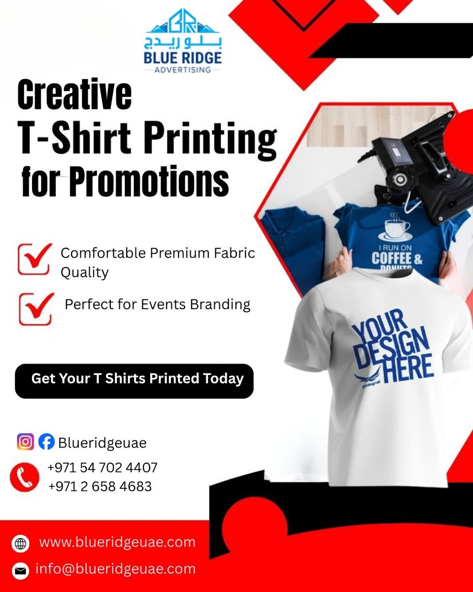 Blueridge_uae's tweet image. Promote your brand with creative t-shirt printing by Blue Ridge. Enjoy premium fabric comfort and standout designs, perfect for events and branding. blueridgeuae.com

#TShirtPrinting #CustomApparel #BrandPromotion #EventBranding #PrintDesign #BlueRidge #MarketingEssentials