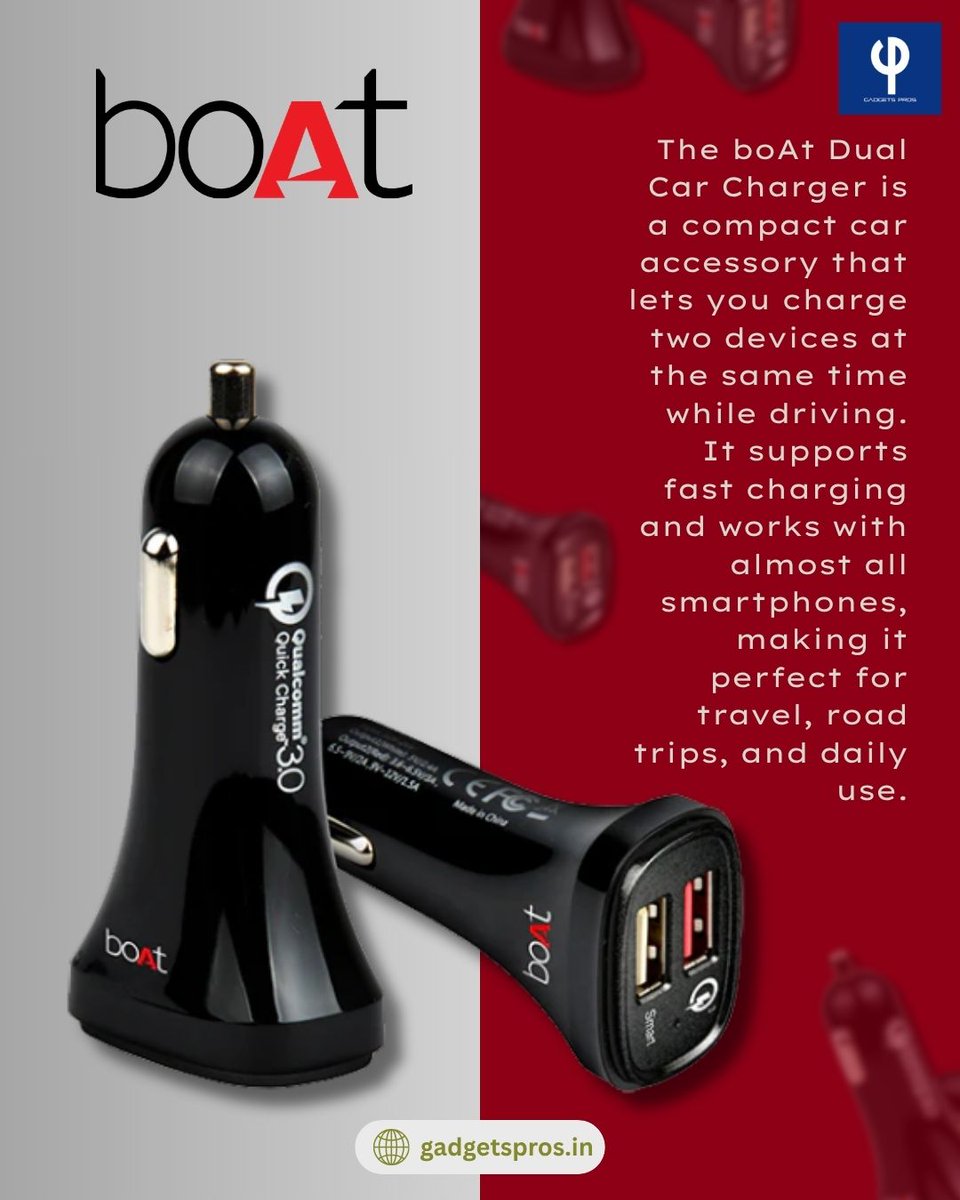gadgetspros1's tweet image. Designed for convenience and compatibility, it works with almost all smartphones, making it a must-have car accessory for every driver.
Follow for daily gadget updates.
#boAt #CarCharger #FastCharging #TechAccessories 
Upgrade your car charging today 🚀🔌
