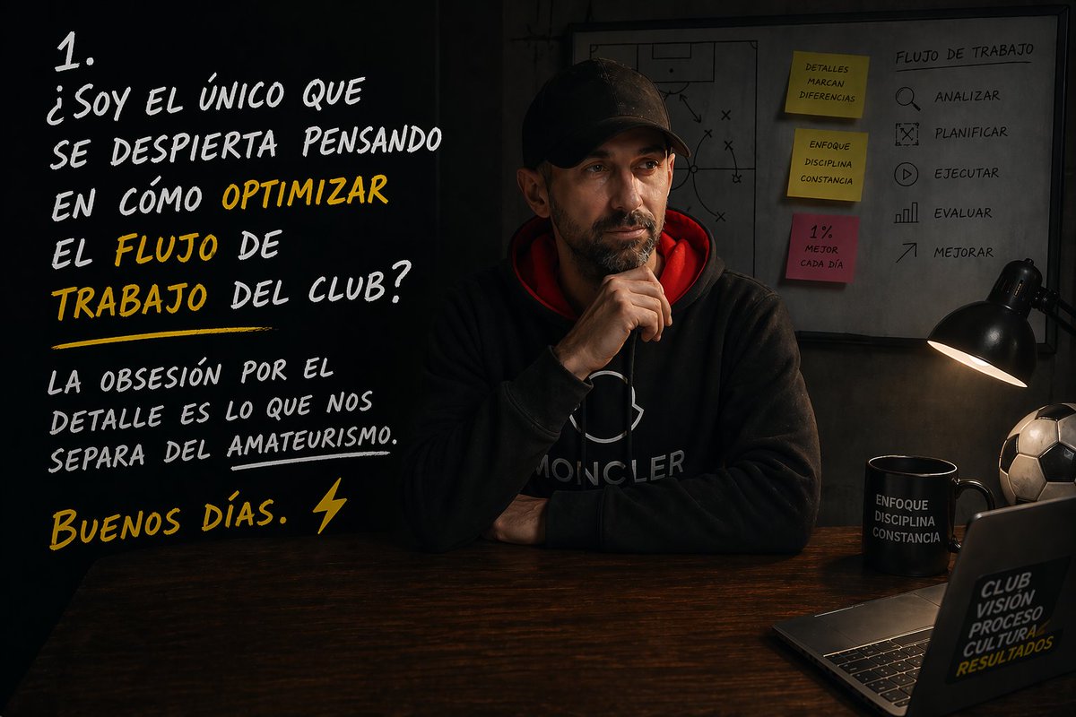 Cortonari's tweet photo. ¿Soy el único que se despierta pensando en cómo optimizar el flujo de trabajo del club? La obsesión por el detalle es lo que nos separa del amateurismo. Buenos días. ⚡️ https://t.co/r5LL7aeQE5