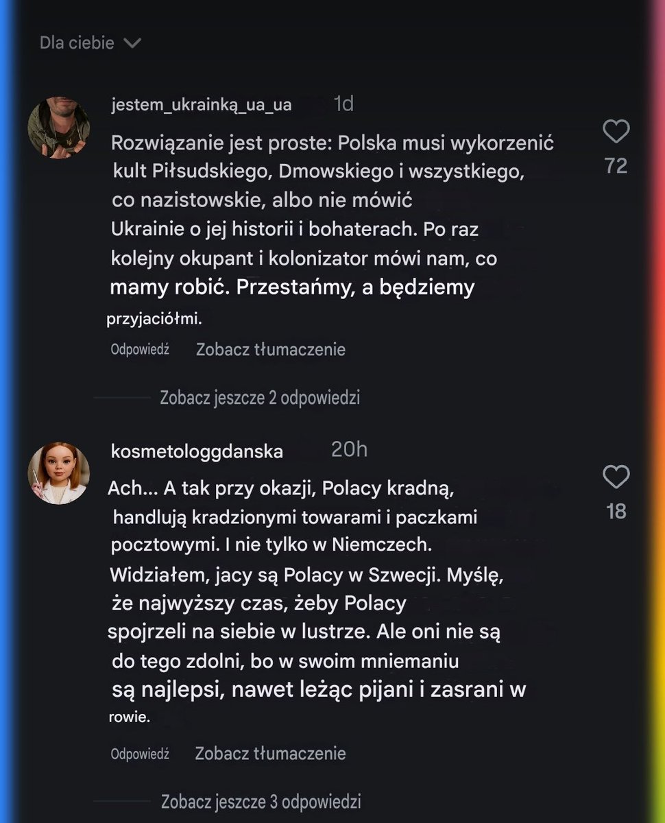 maciejczuk90's tweet photo. "Polacy to okupanci, kolonizatorzy, złodzieje i gnidy." oraz "należy wykorzenić kult polskich nazistów - Dmowskiego i Piłsudskiego" - komentarze pod materiałem Sława TV 🇺🇦, telewizji stworzonej dla Ukraińców na koszt polskiego podatnika.

W wywiadzie udzielonym przez @PiotrSzumlewicz ukraińskojęzycznemu projektowi TVP o nazwie Sława TV padło stwierdzenie, że nie należy psuć stosunków z Niemcami ze względu na zbrodnie nazistów. Tym samym Szumlewicz przekłada na Polaków winę za pogarszające się stosunki między Polską i Ukrainą, ponieważ Polacy nie chcą zapomnieć o zbrodniach OUN-UPA i nie chcą przyjaźnić się z banderowcami takimi jak np. @VasylBodnar, który nie uważa Szuchewycza za zbrodniarza, bez względu na to, że Szuchewycz odpowiedzialny jest za masowe mordy na polskich kobietach i dzieciach.

Szumlewicz zapomina, że w Niemczech nie buduje się pomników masowym mordercom, nie nazywa się ulic w cześć Hitlera, zaś symbolika nazistowska jest całkowicie zakazana. Ukraina nie jest jak Niemcy. Ukraina buduje pomniki masowym mordercom, nazywa ulice w cześć Bandery i Szuchewycza, zaś symbolika OUN-UPA oraz symbolika przypominająca nazistowską (Azow) mają się tam świetnie.

Poniżej przytaczam komentarz pod wywiadem z Szumlewiczem - komentarz z największą liczbą polubień:

"Rozwiązanie jest proste: Polska musi wykorzenić kult Piłsudskiego, Dmowskiego i wszystkiego, co nazistowskie, albo nie mówić Ukrainie o jej historii i bohaterach. Po raz kolejny okupant i kolonizator mówi nam, co mamy robić. Przestańmy, a będziemy przyjaciółmi."

Nie zdziwię się, jeśli okaże się, że Szumlewicz polubił powyższy komentarz, ponieważ, jak sądzę, jest on osobą o poglądach skrajnie lewicowych i sympatyzujących Związkowi Radzieckiemu, a dla takich ludzi Dmowski i Piłsudski to rzeczywiście wrogowie. Tak samo jak dla banderowców.

Przy okazji, to niesamowite, że Polska finansuje antypolski projekt Sława TV. Lepiej byłoby te pieniądze przeznaczyć na bankrutujący NFZ, a nie na promowanie polonofobii wśród Ukraińców mieszkających w Polsce.

Warto również pamiętać, że rozdawanie paszportów imigrantom spowoduje pojawienie się całej masy lewicowych Szumlewiczów, którzy będą chcieli wjechać do Sejmu na głosach "nowych Polaków" poprzez obsługiwanie interesów mniejszości narodowych, nawet jeśli będzie to oznaczało pójście przeciwko interesom oraz bezpieczeństwu Polski i Polaków.