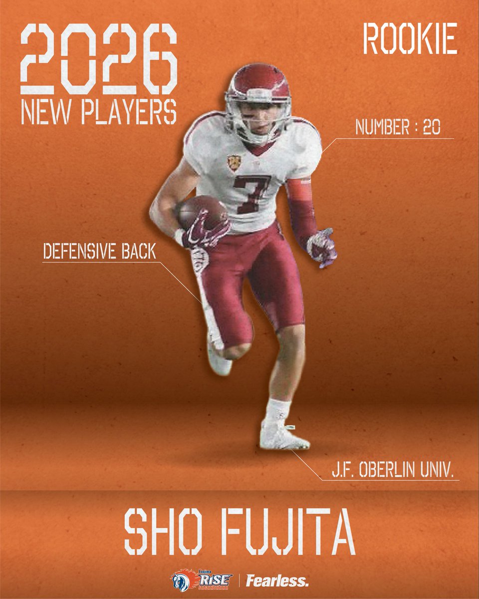 sagamihararise's tweet image. 【2026 New Players】
Rookie
DB 20 藤田星(桜美林大学)

Week1
📅5/10(日) 13:00
🏈SEKISUIチャレンジャーズ
🏟️MKタクシーフィールドエキスポ

開幕戦は観戦無料！
※ただし、無料チケットの発券が必要となります。
🎫 r10.to/hX15E3

#NojimaSagamiharaRise
#Fearless.
#GoRise
#xleague